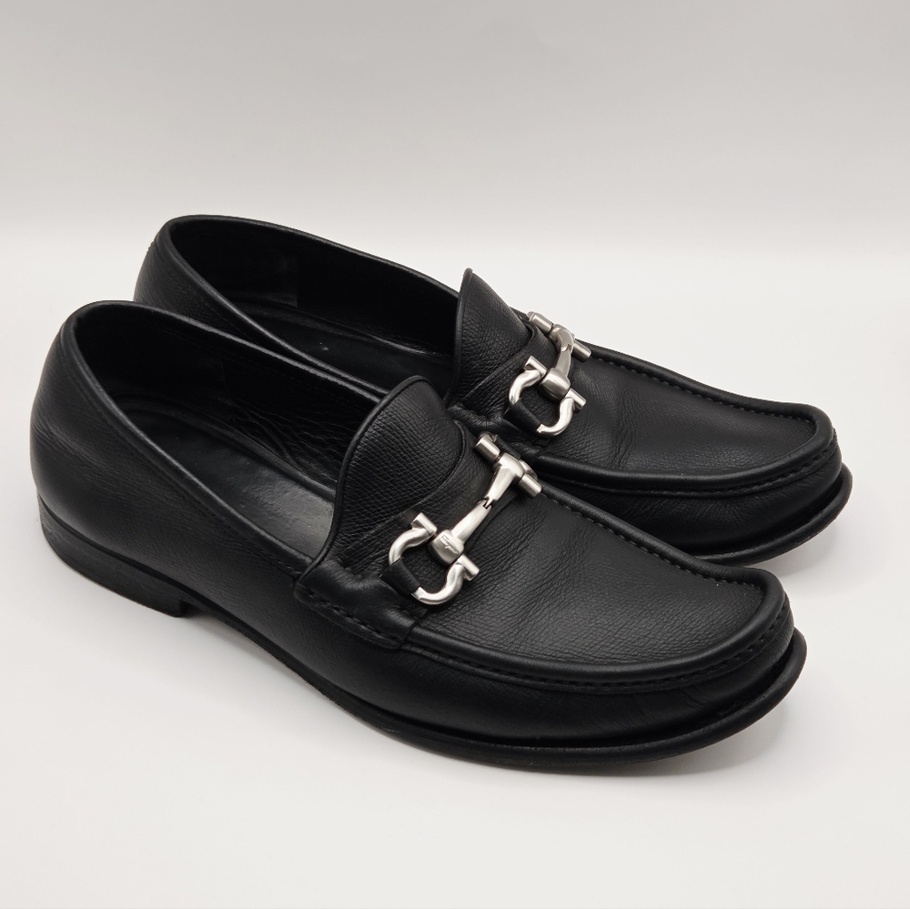 Salvatore Ferragamo Gancini Logo Leather Black Dress Loafers Mens Size 8D Shoes - Picture 8 of 16
